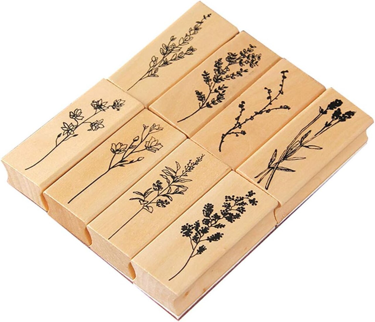 Pack of 8 Pcs Plant and Flower Shape Wooden Rubber Stamps 2.5 Inch x 1 Inch x 0.6 Inch for DIY Craft Card and Photo Album